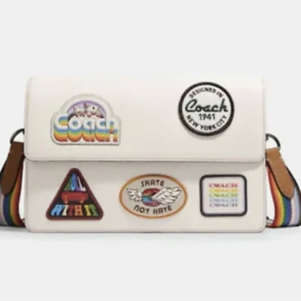 COACH Turner Flap Crossbody Patches Chalk Multi Color Rainbow Pride Keychain New - Picture 2 of 11